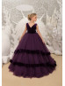 Deep Purple Velvet Tulle V Back Flower Girl Dress